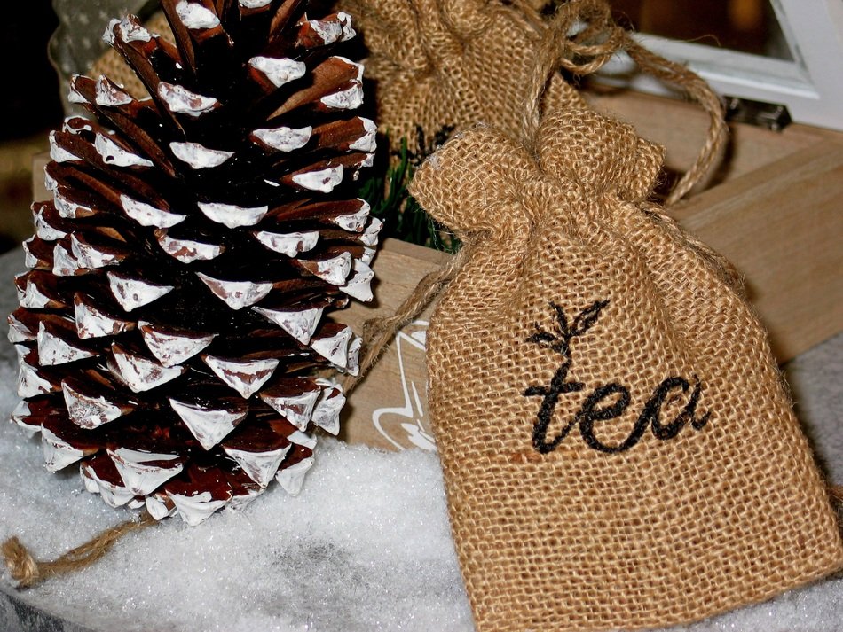 bag for tea and pine cone