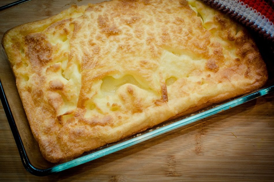baked pancake in glass bowl