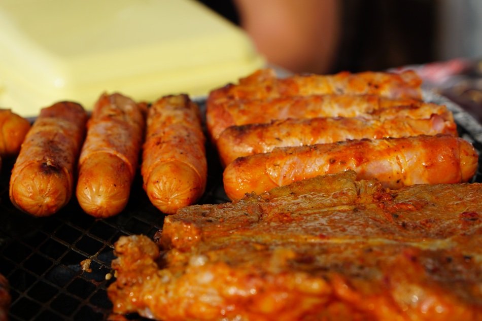 delicious grilled sausages and other meat