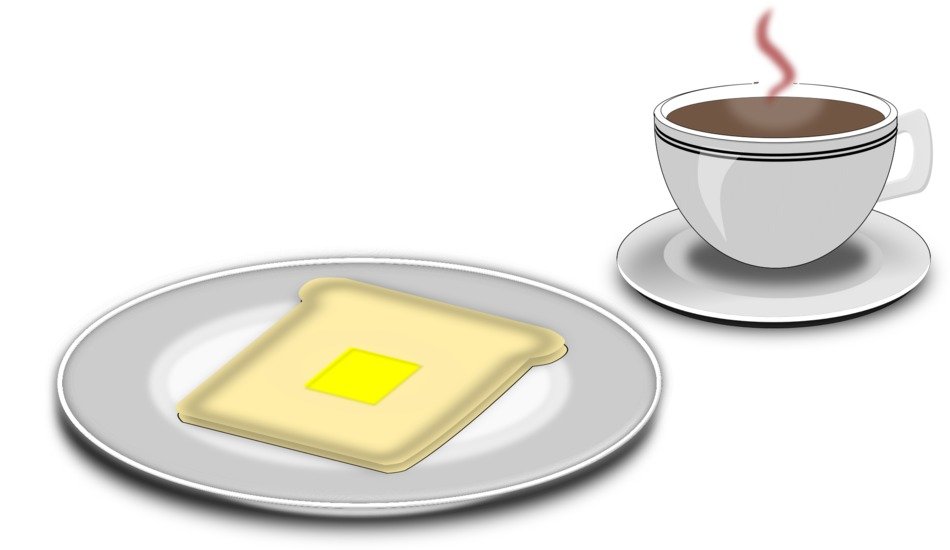 a cup of coffee and toast with butter drawing