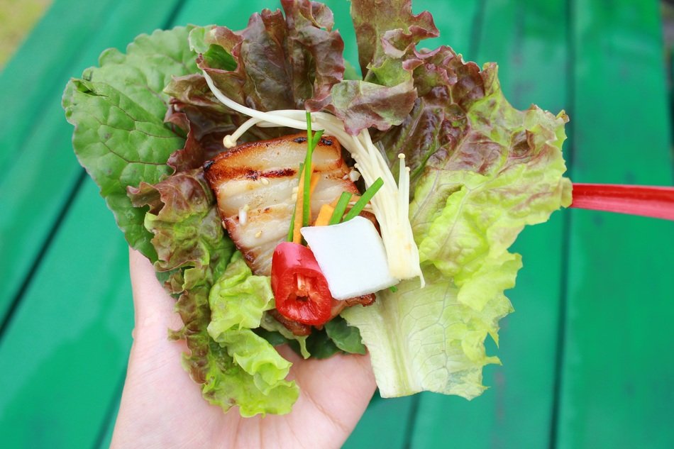 grilled bacon with salad in hand close-up