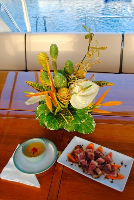 Flowers and Snack on dockside, luxury lifestyle
