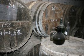 cognac in large wooden barrels in the basement