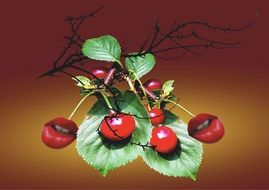 red ripe cherry on a branch with green leaves