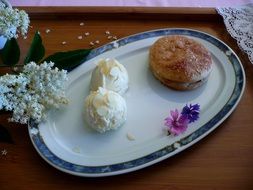 Ice Cream and Cake on plate decorated with flowers