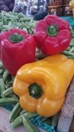 Yellow and Red bell peppers on peas at market