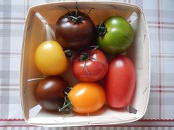 Tomatoes in a basket on a towel