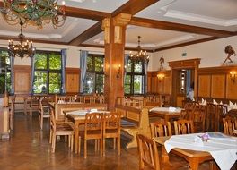 restaurant with wooden furniture