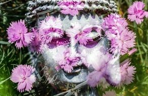 sacred face of buddha and pink flowers