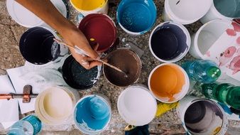 bucket of colored paint
