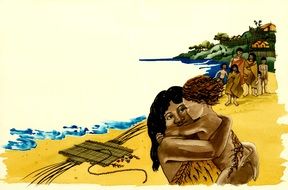 watercolor drawing mother with baby and tribe on the ocean