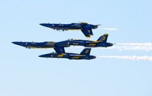 us Navy Blue Angels making double farvel maneuver at sky