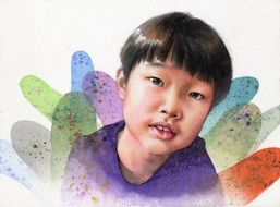 portrait of Asian kid drawing