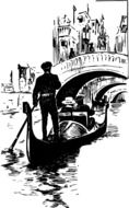 gondolier is driving a boat in Venice, black and white drawing