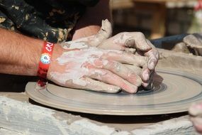 Potter working with clay on wheel