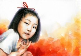 watercolor portrait of a cute asian girl