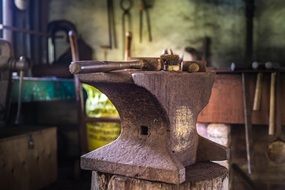 Anvil on a log in the blacksmith