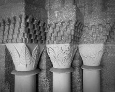 black and white photo of columns with ornaments