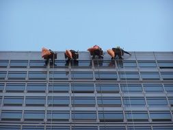 workers wash windows on the facade of the building