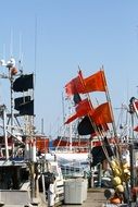 harbor atmosphere with flags on the background of fishing boats