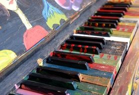 side view of the bright keys of a vintage piano