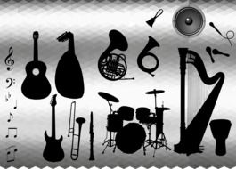 silhouettes of musical instruments on a black background