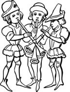 drawn three performers play a wind instrument