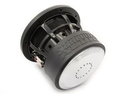 Black and silver sundown audio speaker on the white surface