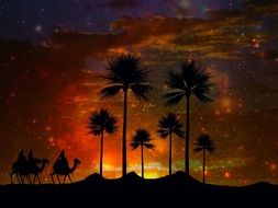 three persons riding camels to Oasis in Desert at dusk, digital art