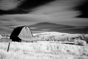 black and white photo of a barn in a field