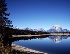 reflection in the water of the picturesque landscape of Grand Teton Park