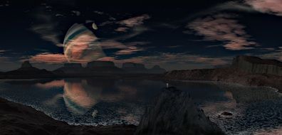 dark fantasy Landscape with Planet mirroring on Lake