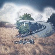 wanderer on the road in a mystical landscape