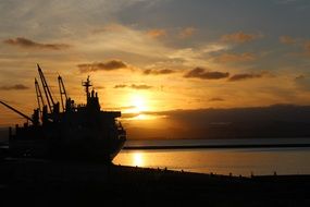 Ship in port at Sunset, New Zealand, Gisborne