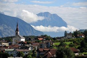 beautiful view of Roppen Village with old church, austria