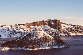 winter Landscape with Cliffed coast and Forested island