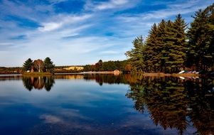 clouds are reflected in the water of Lake Dunning