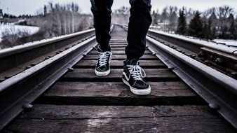 Picture of man in Shoes Walking on a railway