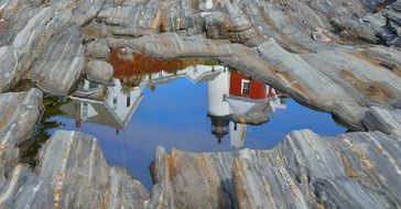 buildings are reflected in the waters of the lake