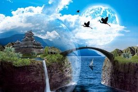 scenic Fantasy Landscape with oriental palace on rock at sea