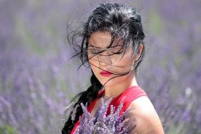 portrait of brunette woman in lavender field