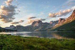 Mountains on Seacoast at Sunrise, scenic Landscape, norway