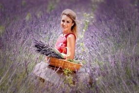 girl with wicker basket on lavender field