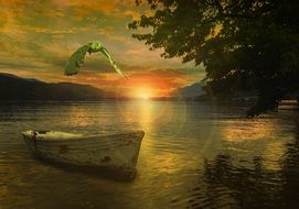 Boat on Lake at Sunrise
