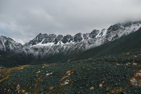 Partly cloudy landscape with the snowy mountains