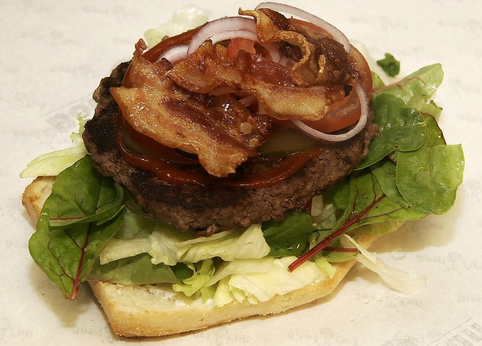 Burger with bakon and salad