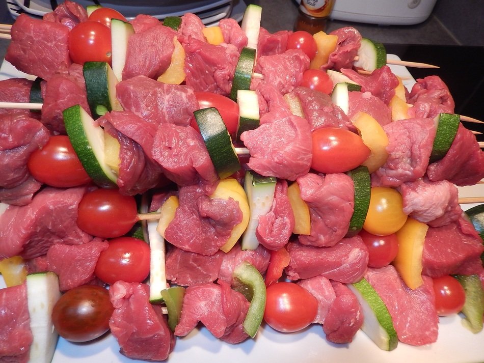 Meat and vegetables on Skewers in pile