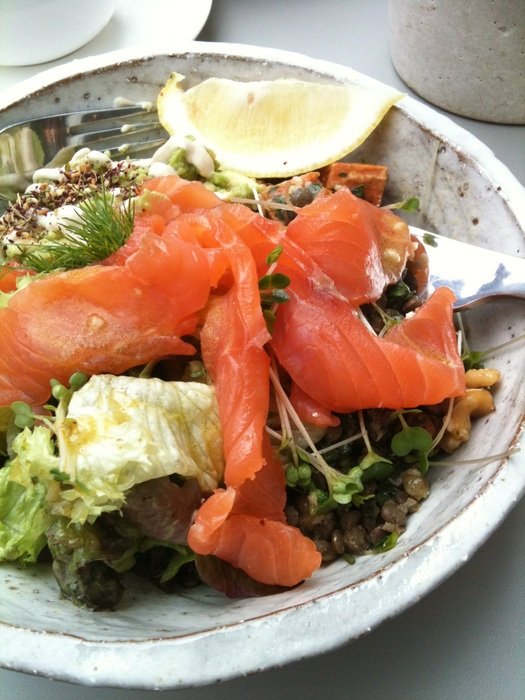 green salad with salmon and eggs
