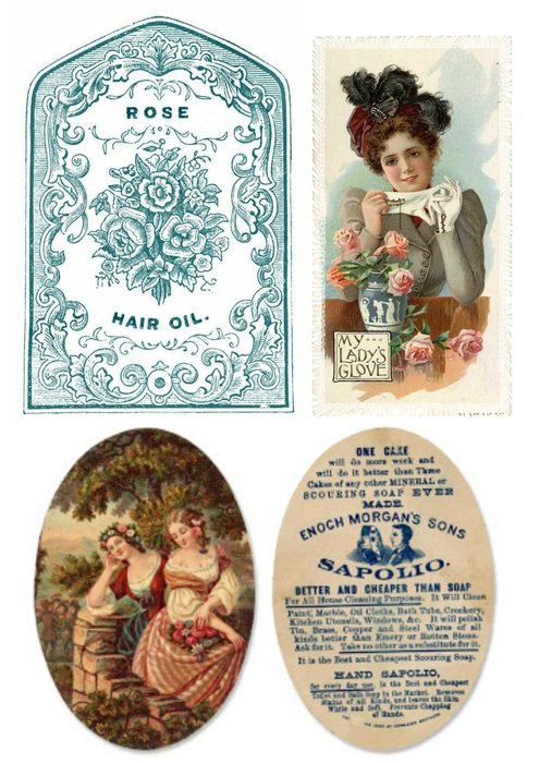 vintage labels with an ornament and the image of women