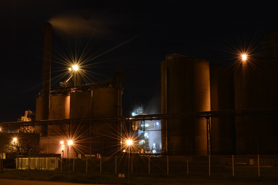 industrial area in night lighting, Brittany